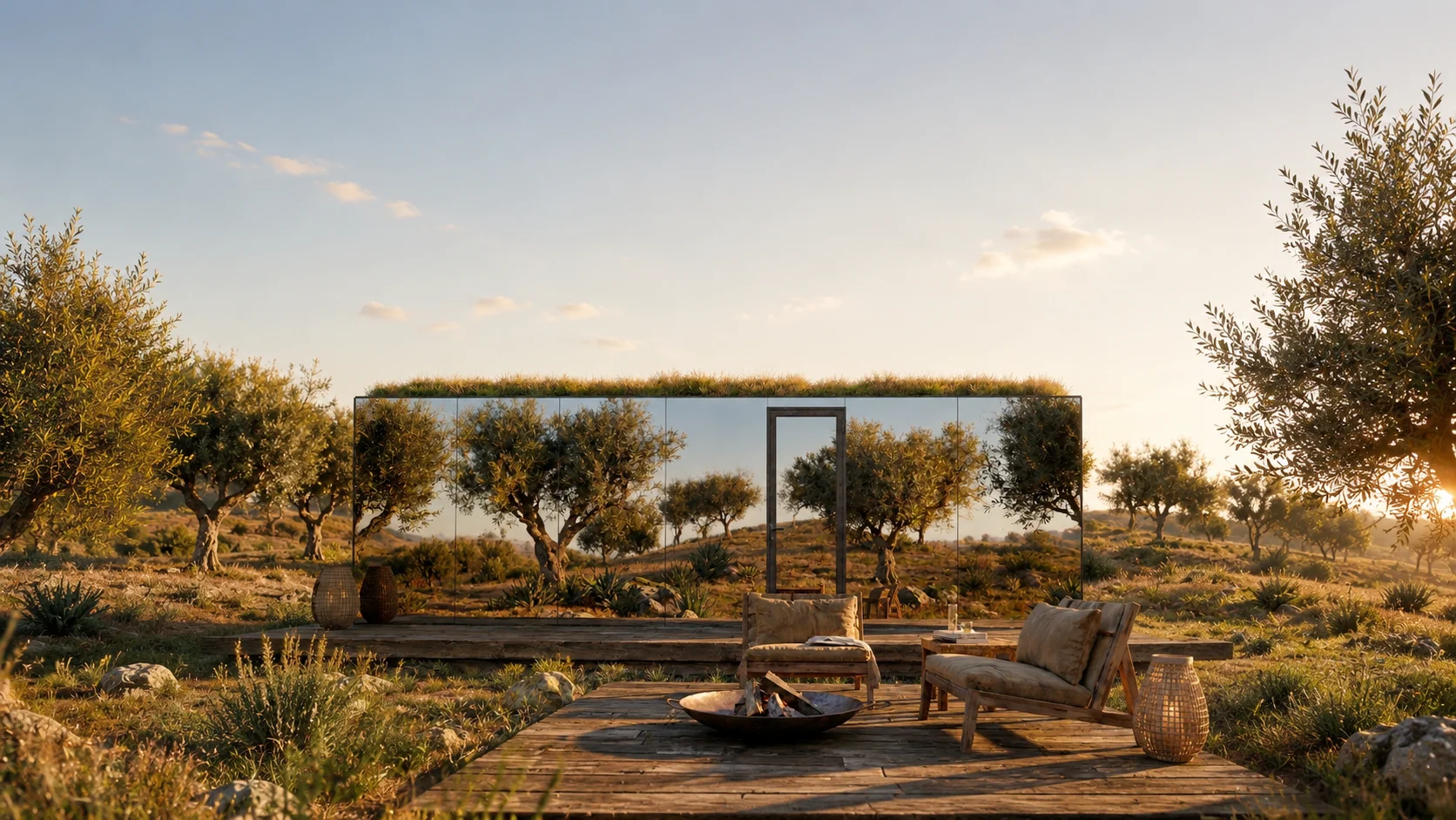 AERA DOMUS in an olive grove at sunset